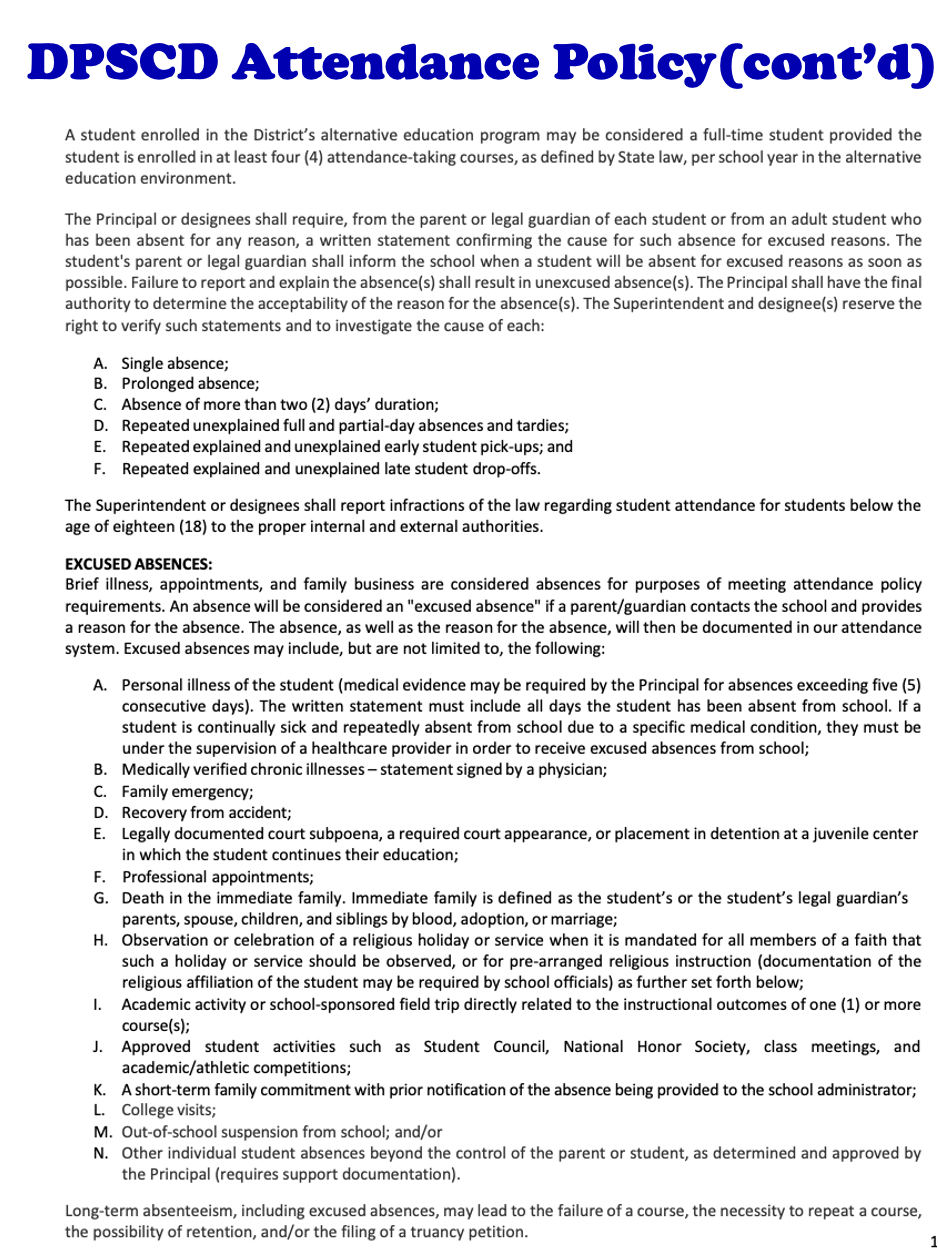 district attendance policy page 2 on white paper with blue banner